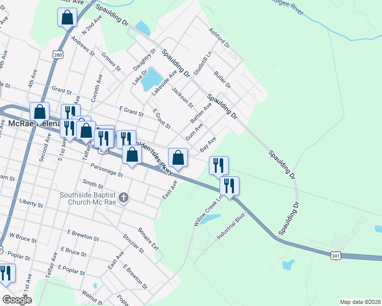 map of restaurants, bars, coffee shops, grocery stores, and more near 10 East Avenue in McRae-Helena
