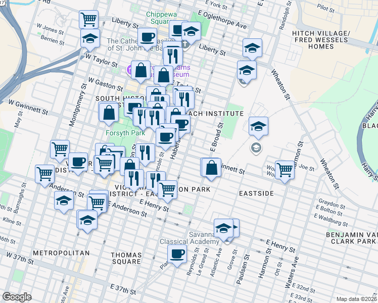 map of restaurants, bars, coffee shops, grocery stores, and more near 412 East Bolton Street in Savannah