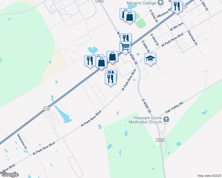 map of restaurants, bars, coffee shops, grocery stores, and more near 3801 State Highway 31 West in Corsicana