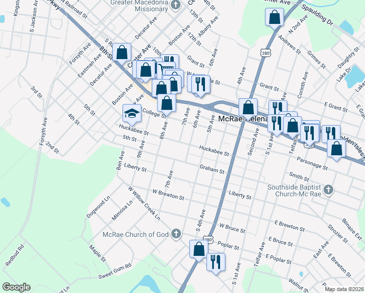 map of restaurants, bars, coffee shops, grocery stores, and more near 122 Graham Street in McRae-Helena
