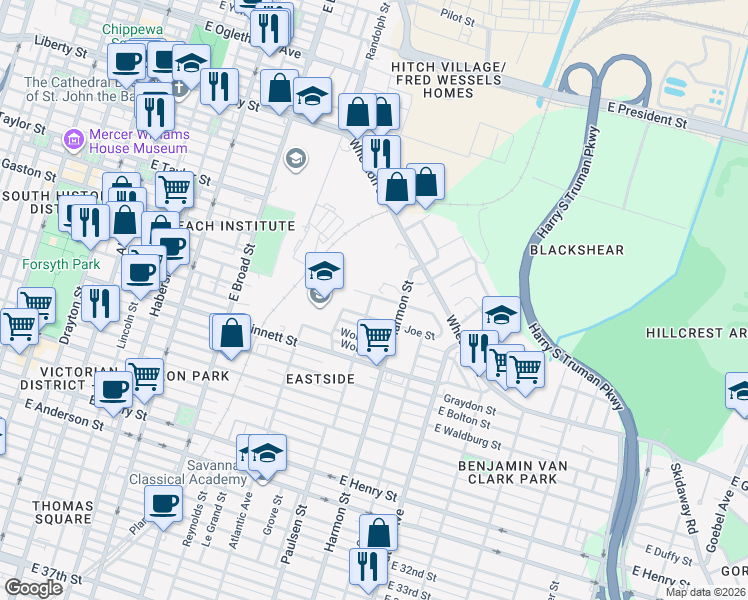 map of restaurants, bars, coffee shops, grocery stores, and more near 806 Joe Street in Savannah