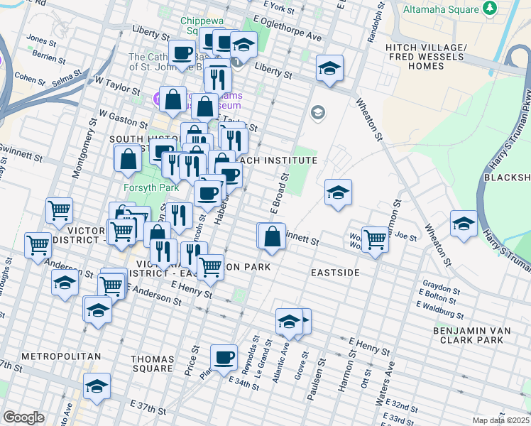 map of restaurants, bars, coffee shops, grocery stores, and more near 531 East Gwinnett Street in Savannah