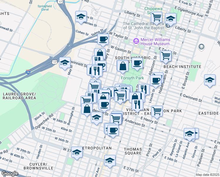 map of restaurants, bars, coffee shops, grocery stores, and more near in Savannah