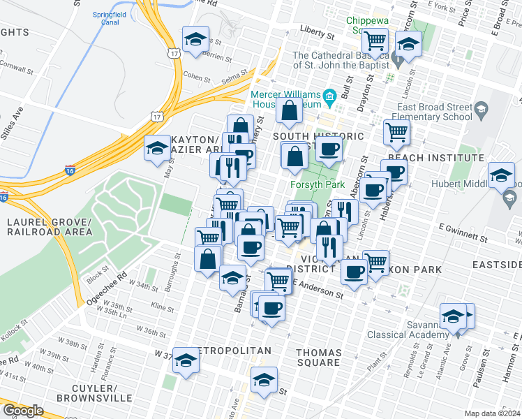 map of restaurants, bars, coffee shops, grocery stores, and more near in Savannah