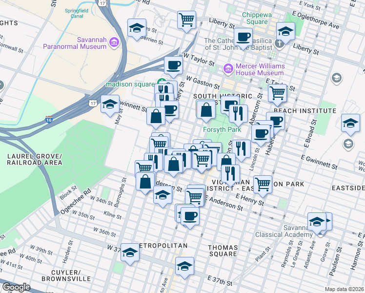 map of restaurants, bars, coffee shops, grocery stores, and more near in Savannah