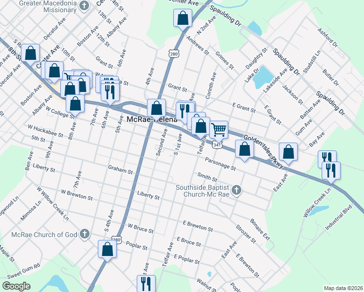 map of restaurants, bars, coffee shops, grocery stores, and more near 25 North 1st Avenue in McRae