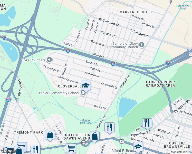 map of restaurants, bars, coffee shops, grocery stores, and more near 1428 Cloverdale Drive in Savannah