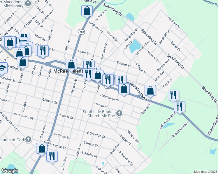 map of restaurants, bars, coffee shops, grocery stores, and more near 309 East Oak Street in McRae