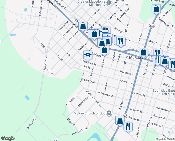map of restaurants, bars, coffee shops, grocery stores, and more near 211 West Graham Street in McRae-Helena