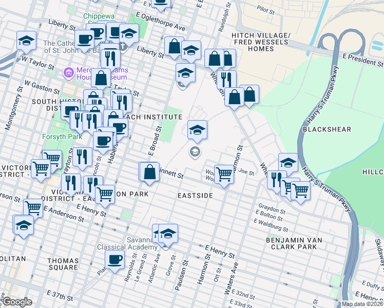 map of restaurants, bars, coffee shops, grocery stores, and more near 768 Grant Street in Savannah