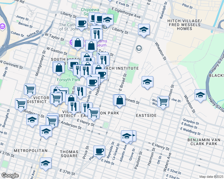 map of restaurants, bars, coffee shops, grocery stores, and more near 531 East Gwinnett Street in Savannah