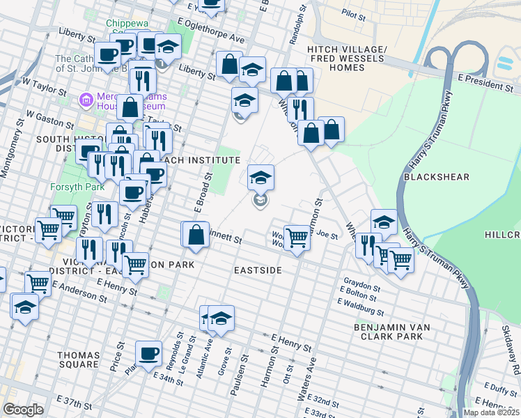 map of restaurants, bars, coffee shops, grocery stores, and more near 768 Grant Street in Savannah