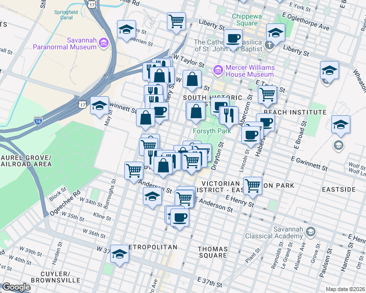 map of restaurants, bars, coffee shops, grocery stores, and more near 202 West Bolton Street in Savannah
