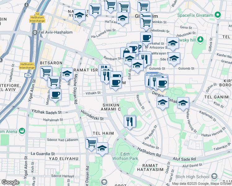 map of restaurants, bars, coffee shops, grocery stores, and more near 33 Derech Yitshak Rabin in Giv'atayim