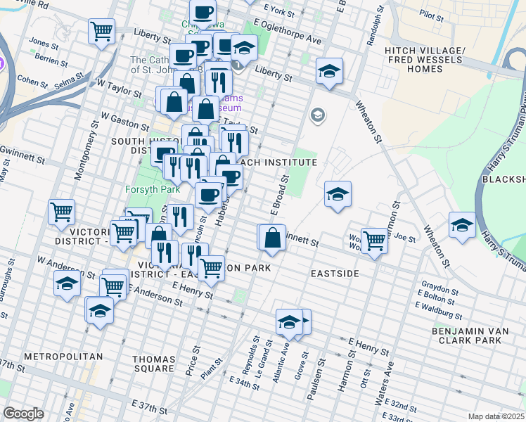 map of restaurants, bars, coffee shops, grocery stores, and more near 519 Nicoll Street in Savannah