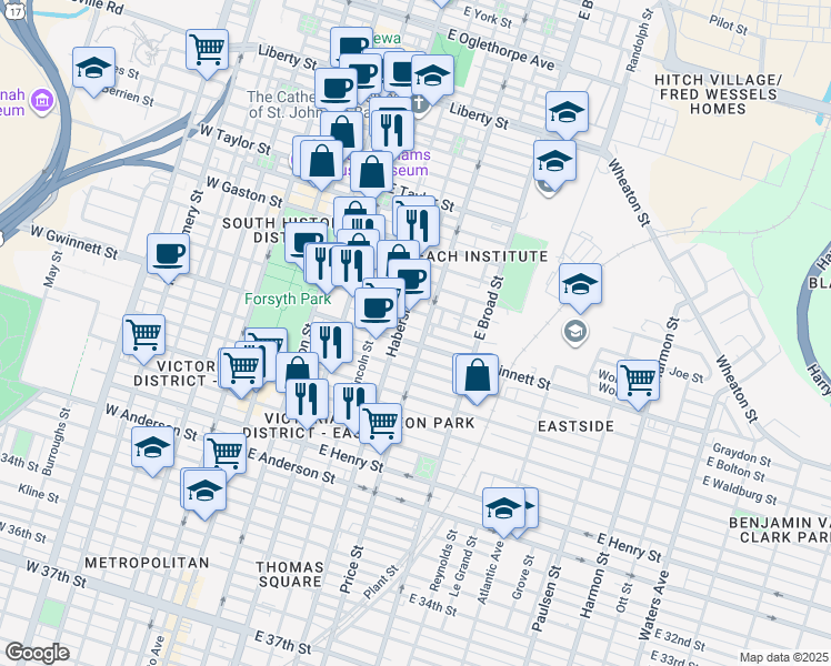 map of restaurants, bars, coffee shops, grocery stores, and more near in Savannah