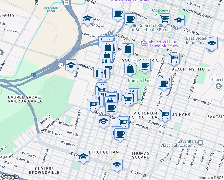 map of restaurants, bars, coffee shops, grocery stores, and more near 911 Jefferson Street in Savannah