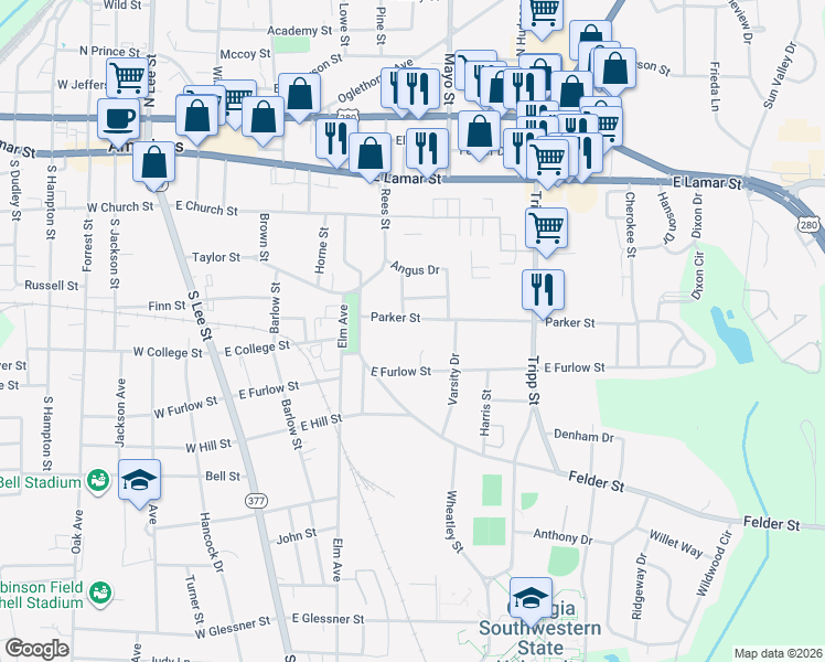 map of restaurants, bars, coffee shops, grocery stores, and more near 908 Parker Street in Americus