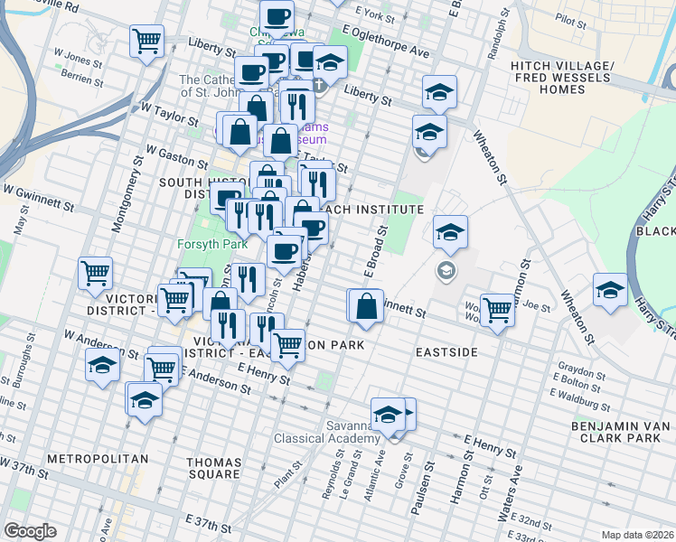 map of restaurants, bars, coffee shops, grocery stores, and more near 519 Nicoll Street in Savannah