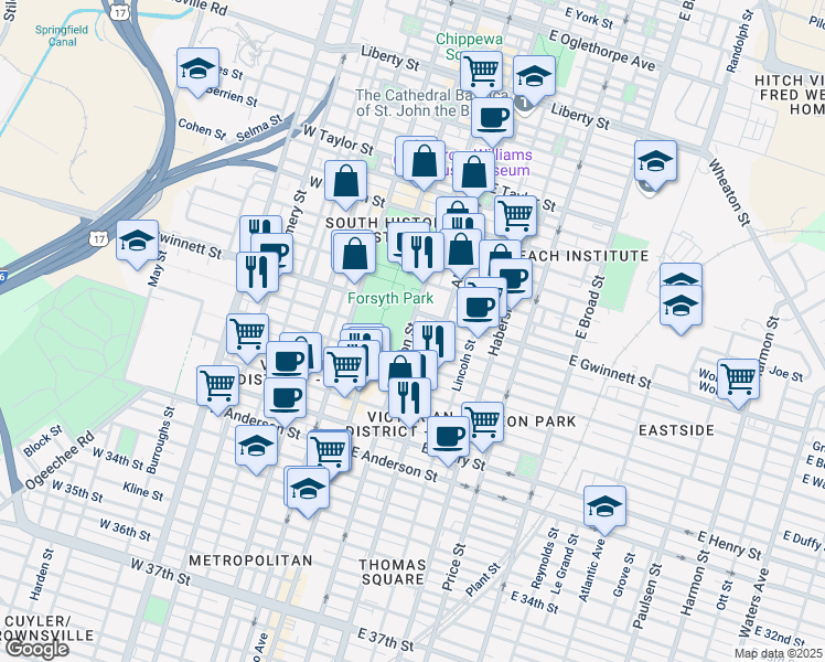 map of restaurants, bars, coffee shops, grocery stores, and more near 816 Drayton Street in Savannah