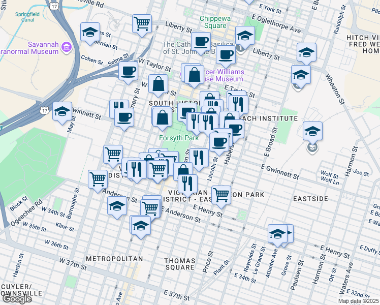 map of restaurants, bars, coffee shops, grocery stores, and more near 2 West Gaston Street in Savannah
