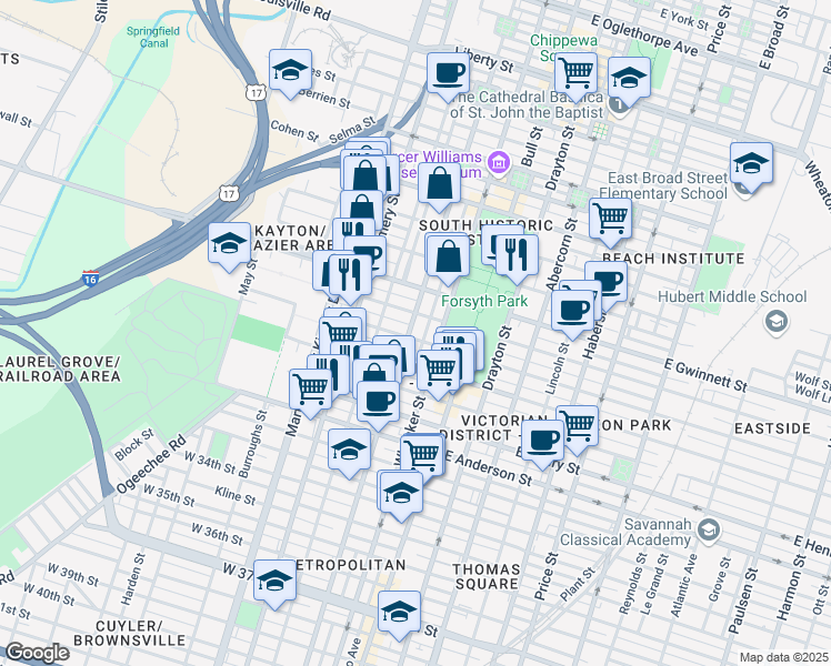 map of restaurants, bars, coffee shops, grocery stores, and more near 120 West Waldburg Street in Savannah