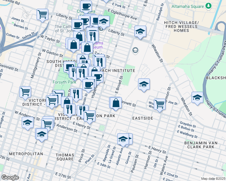 map of restaurants, bars, coffee shops, grocery stores, and more near 519 Nicoll Street in Savannah