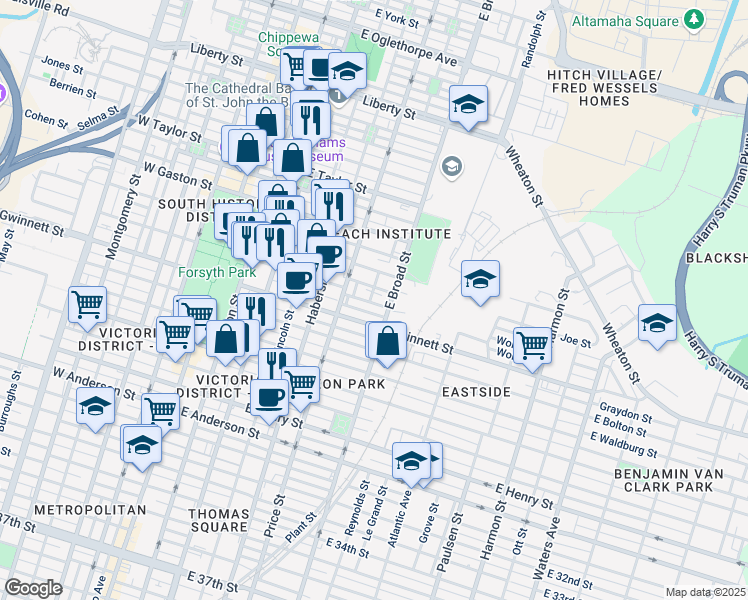 map of restaurants, bars, coffee shops, grocery stores, and more near 519 Nicoll Street in Savannah