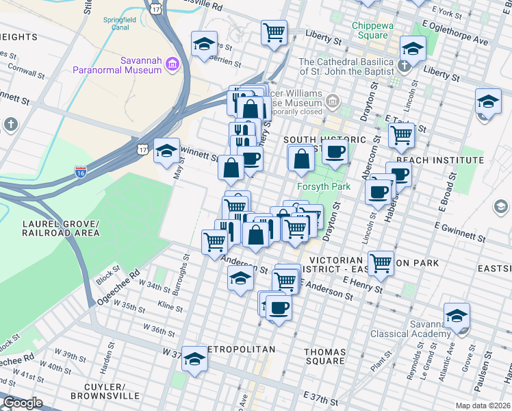 map of restaurants, bars, coffee shops, grocery stores, and more near 911 Jefferson Street in Savannah