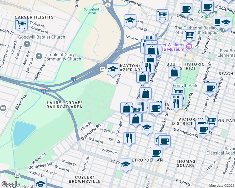 map of restaurants, bars, coffee shops, grocery stores, and more near 1110 May Street in Savannah