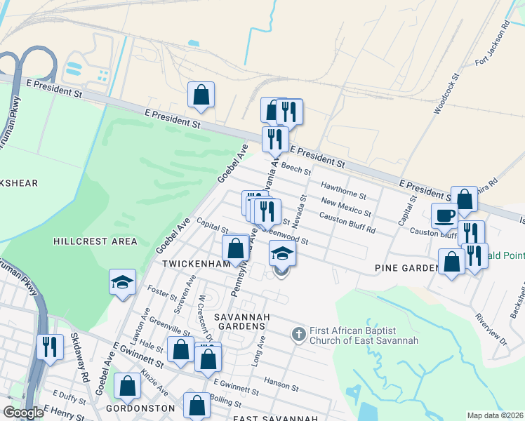 map of restaurants, bars, coffee shops, grocery stores, and more near 1943 Causton Bluff Road in Savannah