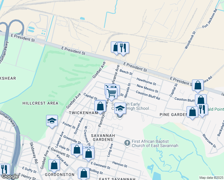 map of restaurants, bars, coffee shops, grocery stores, and more near 1943 Causton Bluff Road in Savannah