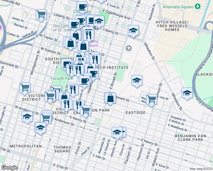 map of restaurants, bars, coffee shops, grocery stores, and more near 519 Nicoll Street in Savannah