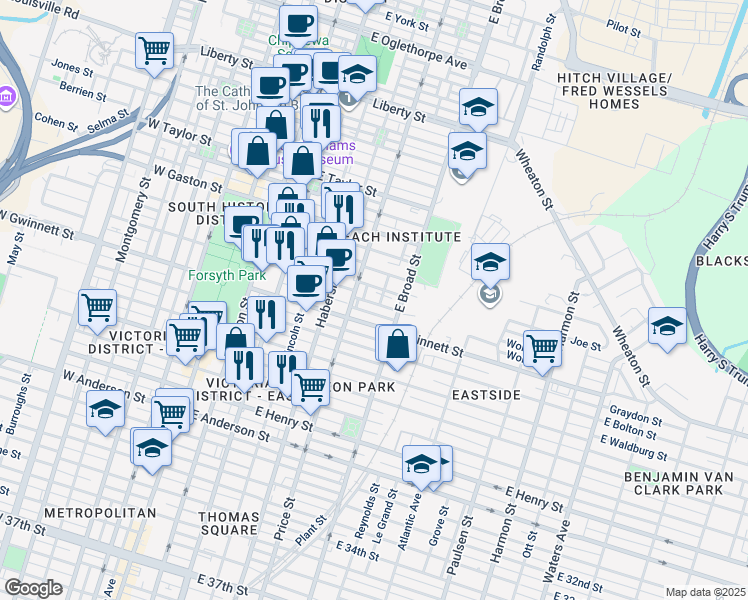 map of restaurants, bars, coffee shops, grocery stores, and more near 519 Nicoll Street in Savannah