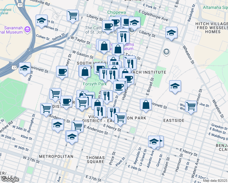map of restaurants, bars, coffee shops, grocery stores, and more near 220 East Gwinnett Street in Savannah