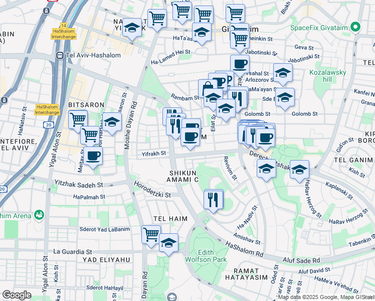 map of restaurants, bars, coffee shops, grocery stores, and more near 33 Derech Yitshak Rabin in Giv'atayim
