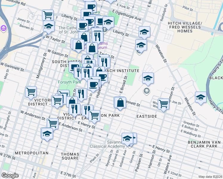 map of restaurants, bars, coffee shops, grocery stores, and more near 514 East Hall Street in Savannah