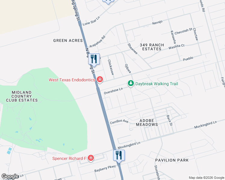 map of restaurants, bars, coffee shops, grocery stores, and more near 1202 Pueblo in Midland