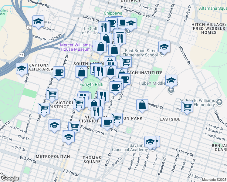map of restaurants, bars, coffee shops, grocery stores, and more near 220 East Gwinnett Street in Savannah