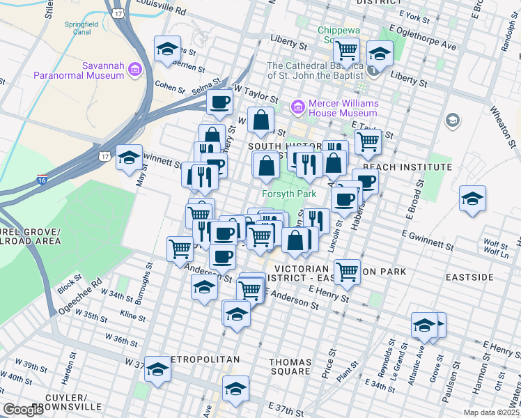 map of restaurants, bars, coffee shops, grocery stores, and more near 815 Whitaker Street in Savannah