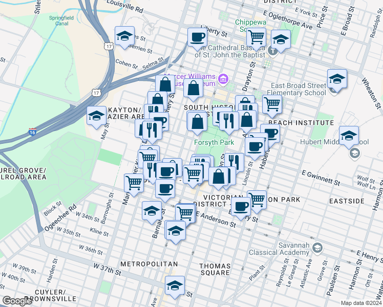 map of restaurants, bars, coffee shops, grocery stores, and more near 815 Whitaker Street in Savannah