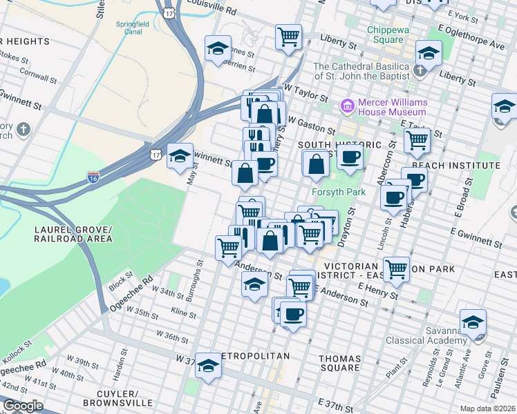 map of restaurants, bars, coffee shops, grocery stores, and more near 911 Jefferson Street in Savannah