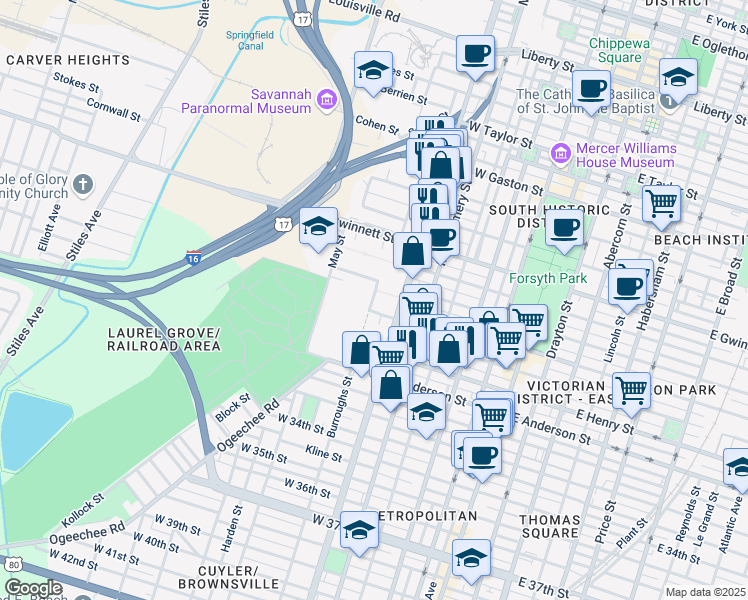 map of restaurants, bars, coffee shops, grocery stores, and more near 1013 Martin Luther King Junior Boulevard in Savannah