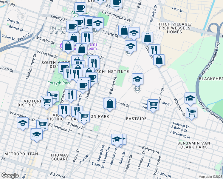 map of restaurants, bars, coffee shops, grocery stores, and more near 613 East Broad Street in Savannah
