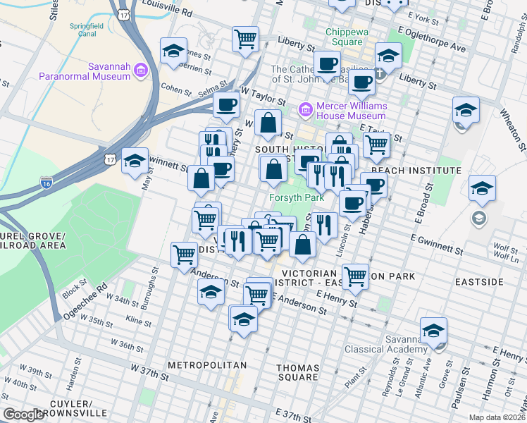 map of restaurants, bars, coffee shops, grocery stores, and more near 815 Whitaker Street in Savannah