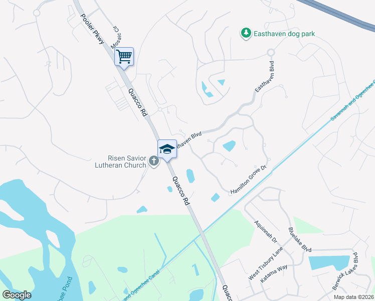 map of restaurants, bars, coffee shops, grocery stores, and more near 6 Hamilton Grove Drive in Pooler