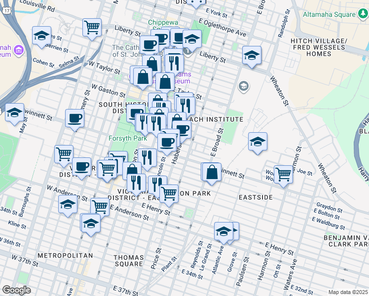 map of restaurants, bars, coffee shops, grocery stores, and more near in Savannah