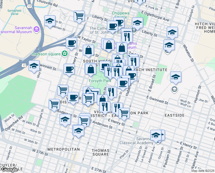 map of restaurants, bars, coffee shops, grocery stores, and more near 700 Drayton Street in Savannah