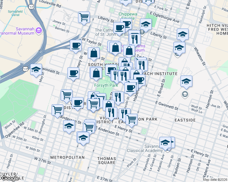 map of restaurants, bars, coffee shops, grocery stores, and more near 700 Drayton Street in Savannah