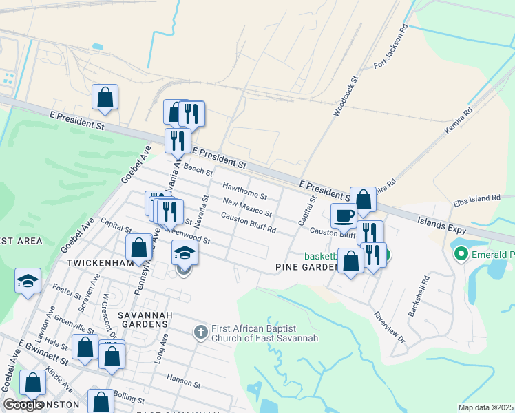 map of restaurants, bars, coffee shops, grocery stores, and more near 2209 Hawthorne Street in Savannah